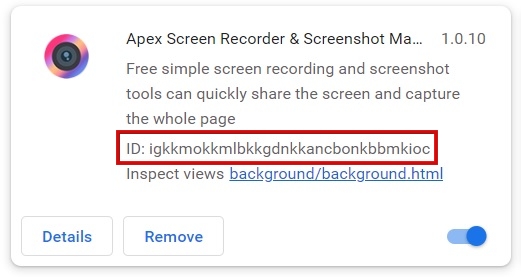 Extension ID visible in extension card in Chrome browser.