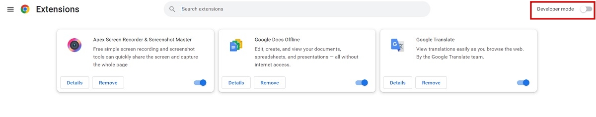 Toggling on "Developer mode" on Chrome Extension page.