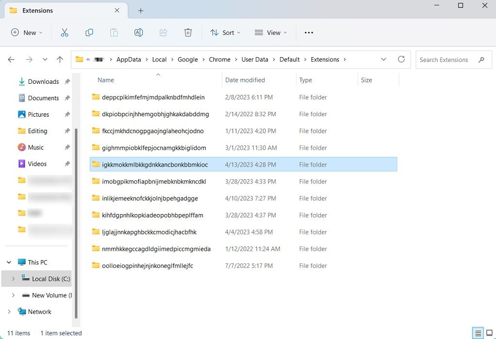 List of Extensions installed in Chrome displayed in File Explorer.