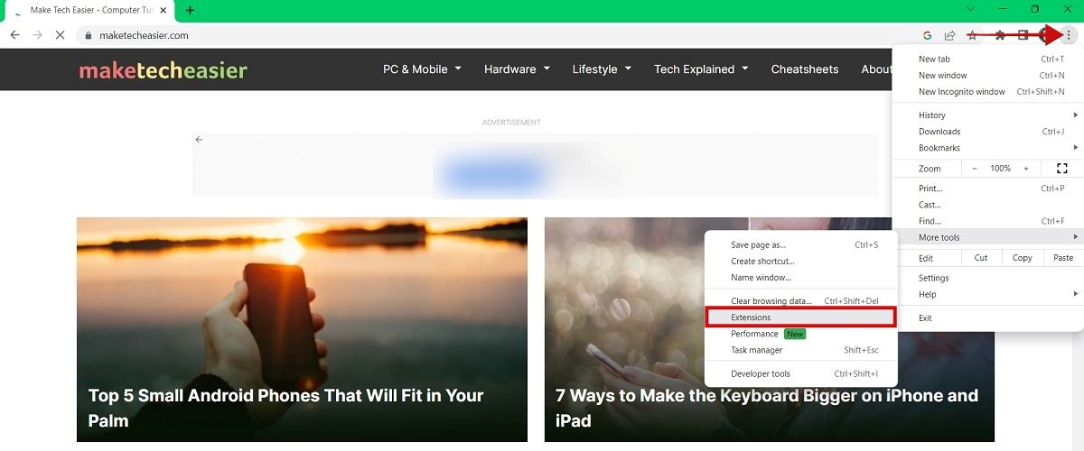 Opening up the "More tools" menu in Chrome browser.