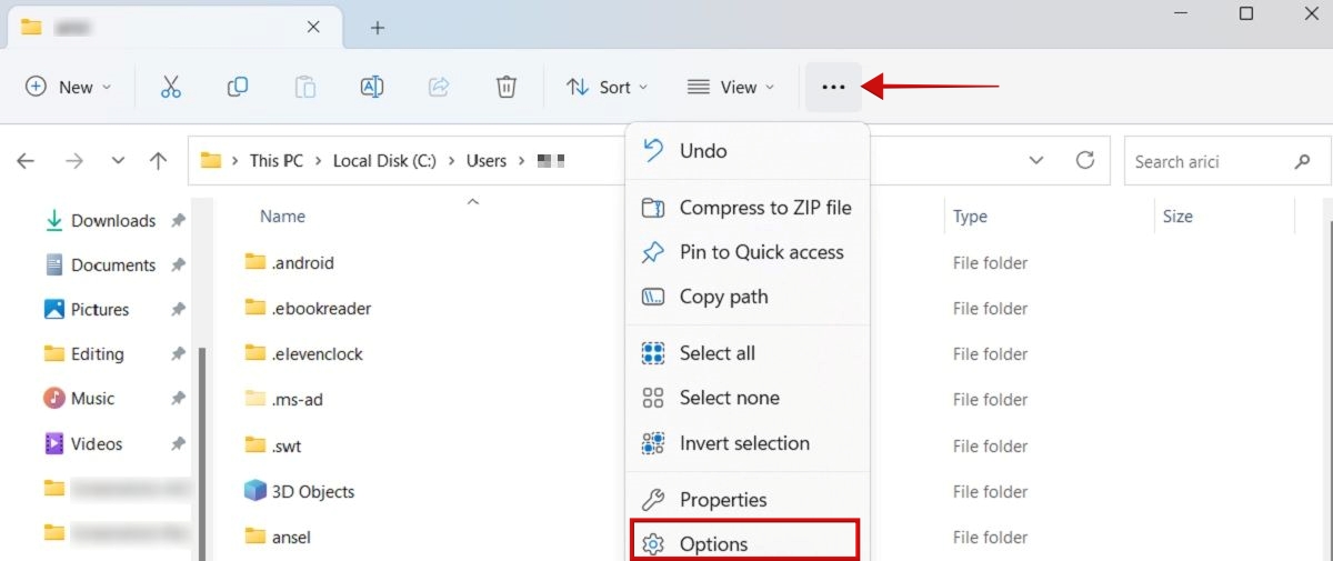 Bringing up "Options" in File Explorer.