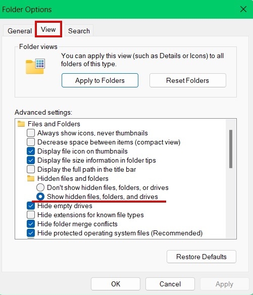 Checking the "Show hidden files, folders, and drives" in Folder Options window.