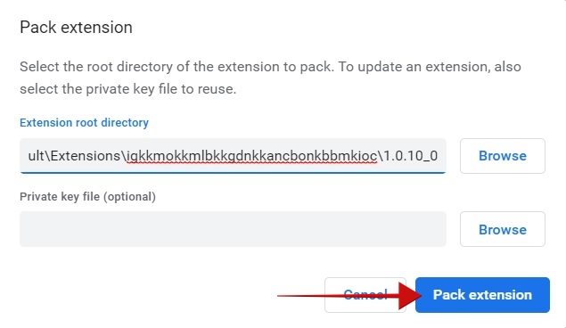 Pasting link in "Pack extension" window previously copied from File Explorer. 