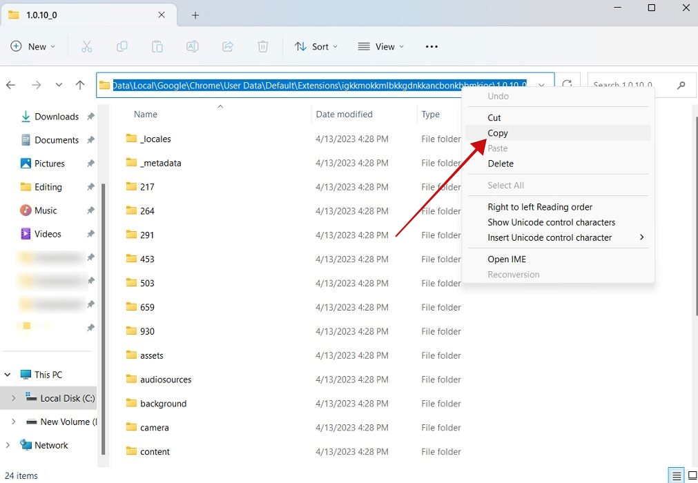 Copying extension path from File Explorer.