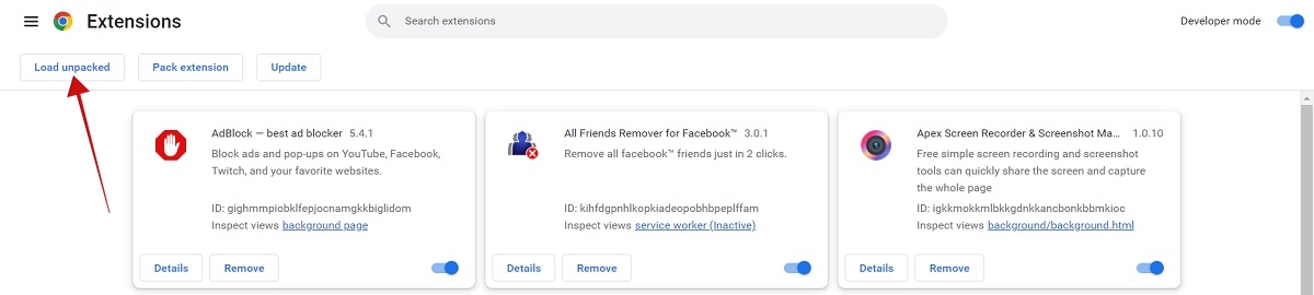 Clicking "Load unpacked" button in Chrome Extensions page. 