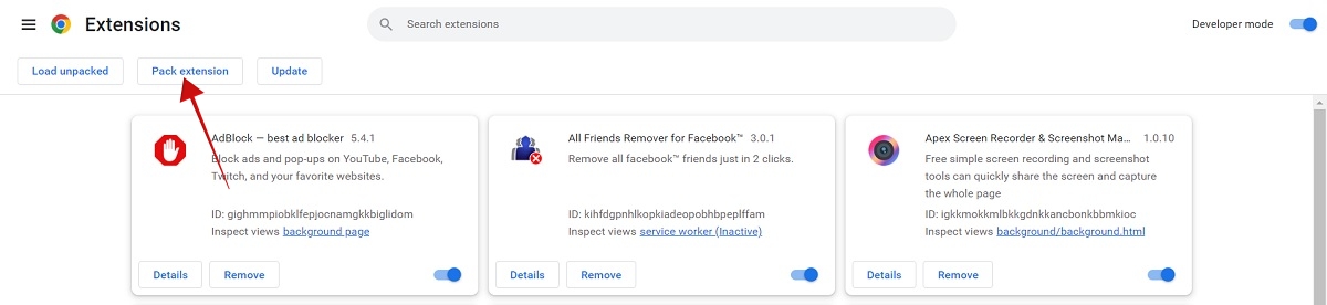 Clicking "Pack extension" in Chrome. 