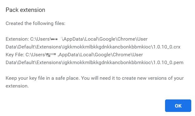 New CRX file has been created pop-up. 