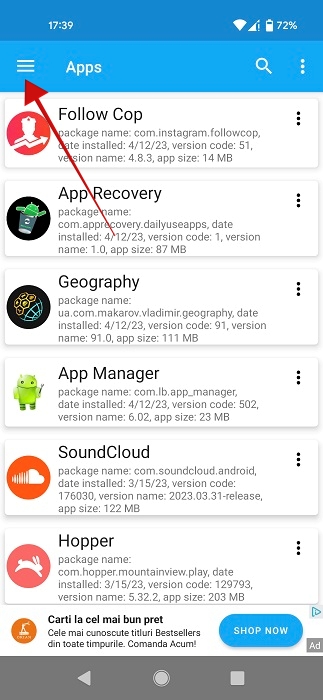 Pressing on hamburger menu in App Manager app. 