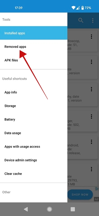 Opting for "Removed apps" option in App Manager app. 