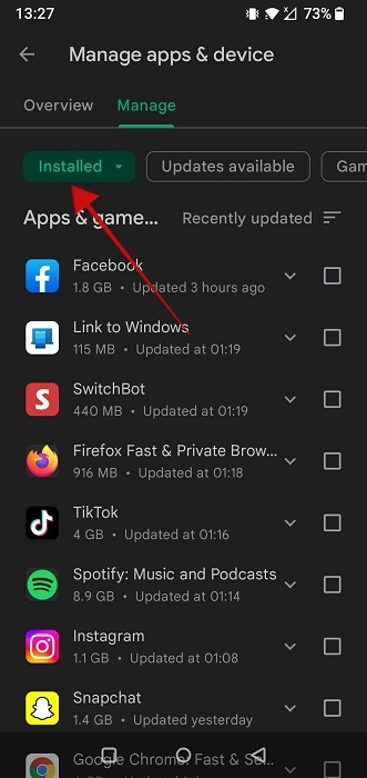 Tapping on "Installed" tab in Google Play Store app. 