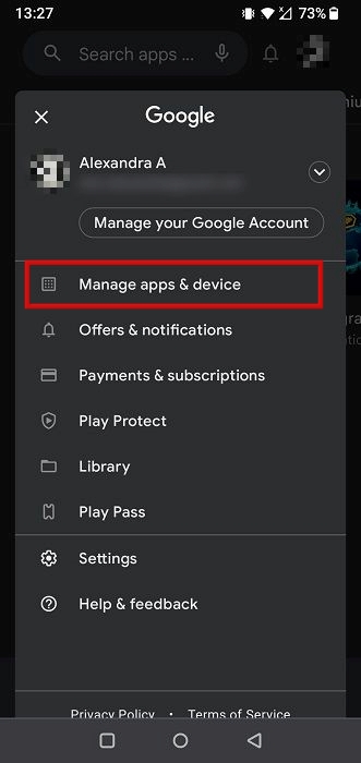 Selecting "Manage apps & device" from menu in Google Play Store app. 