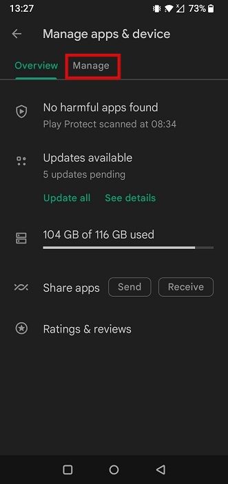 Switching to the "Manage" tab in Google Play Store app. 