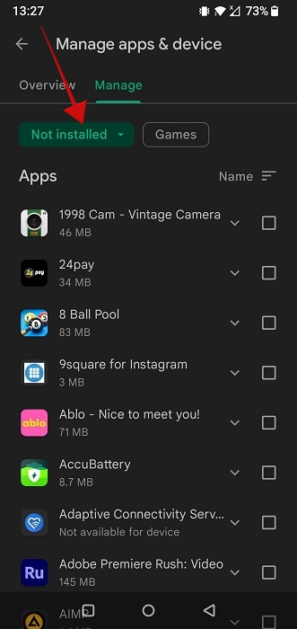 List of "Not Installed" apps in Google Play Store app.