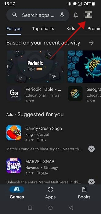 Clicking profile picture in Google Play Store app on Android. 