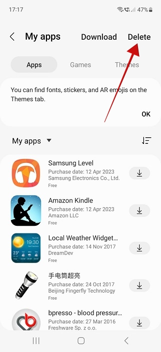 Pressing the "Delete" button under "My apps" in Galaxy Store app. 