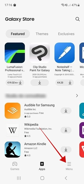Tapping hamburger menu in Galaxy Store app.