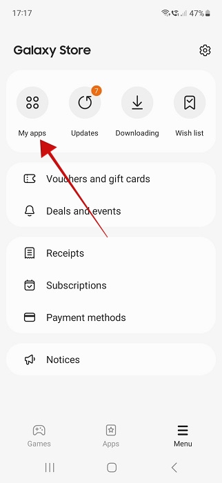 Selecting "My Apps" option in Galaxy Store app.