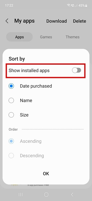 Toggle off "Show installed apps" in Galaxy Store app.