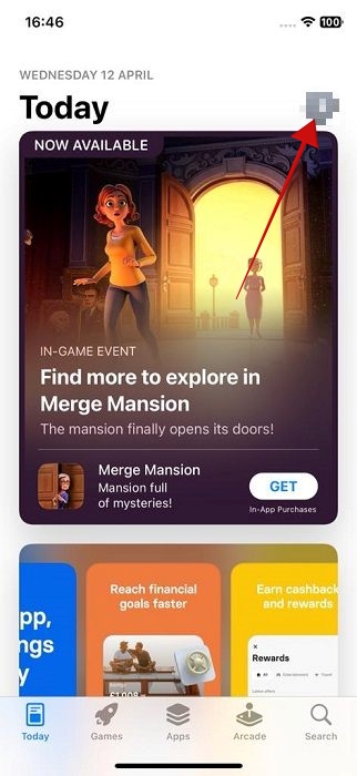 Pressing on profile picture in App Store on iOS. 
