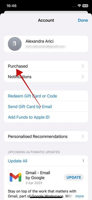 Opting for "Purchased" option in App Store for iOS.