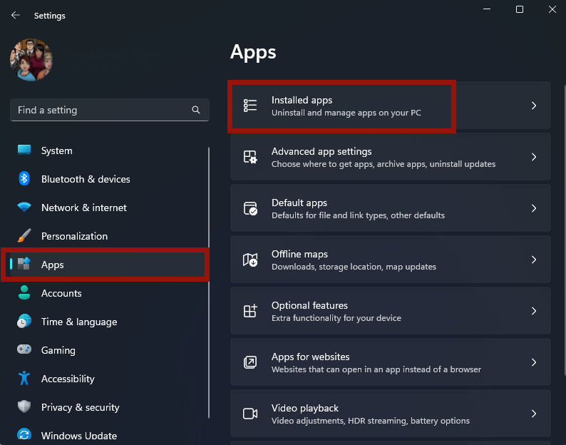 Navigating to "Installed apps" via Windows Settings. 