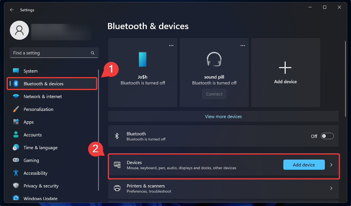 Navigating to "Bluetooth & devices" section in Windows Settings. 