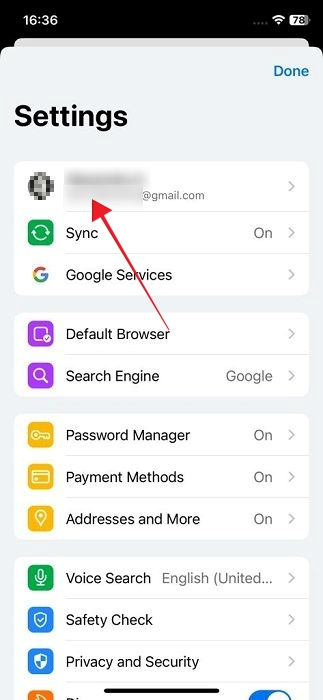Tapping on Google account in Chrome Settings in iOS app.
