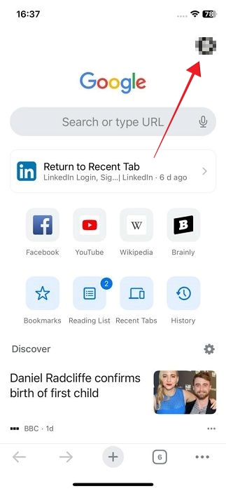Tapping on profile picture in Chrome app for iOS.