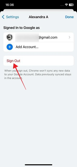 Signing out from Google account via Chrome app for iOS.