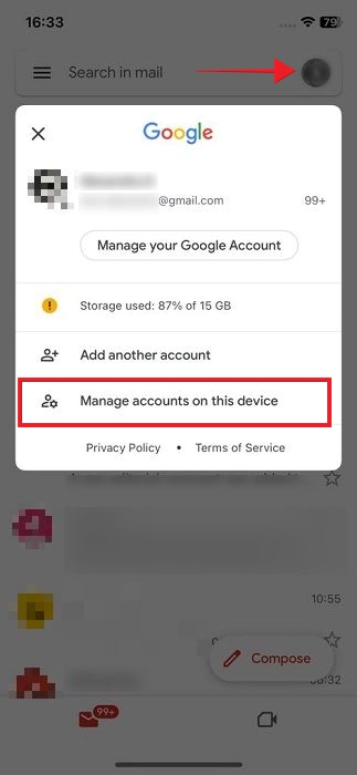 Clicking on "Manage accounts on this device" option in Gmail app for iOS.