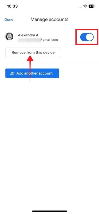 Toggling off Google account in Gmail app for iOS.
