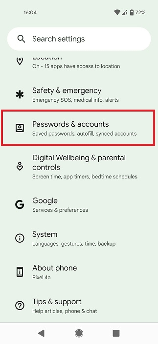 Navigating to "Passwords & accounts" in Settings on Android phone.