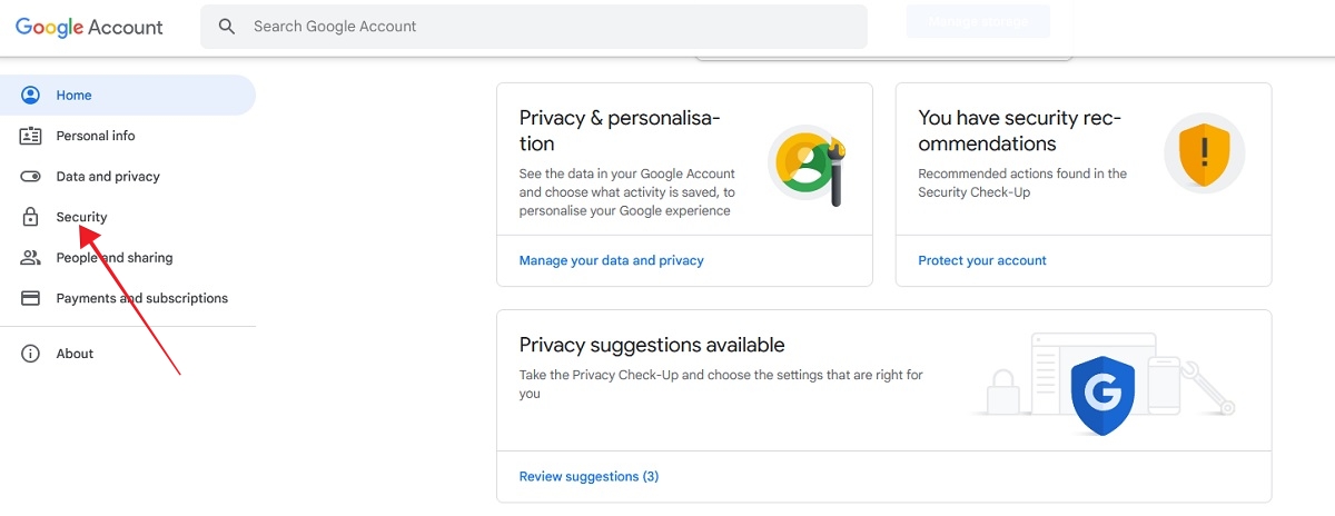 Clicking on "Security" from the Google account page.