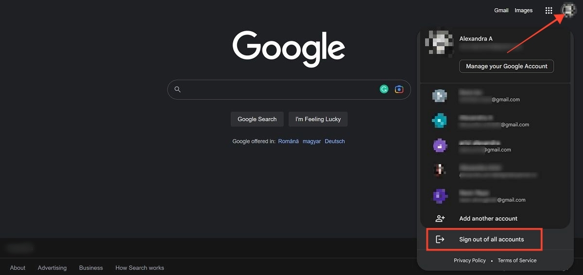 "Signing out of all accounts" on Google page in browser on PC.