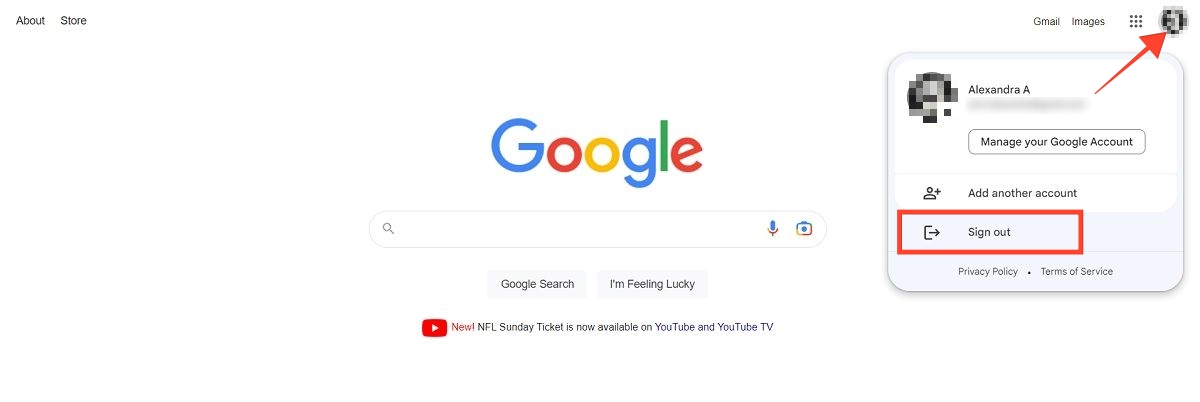 Signing out of Google account on Google page in browser on PC.