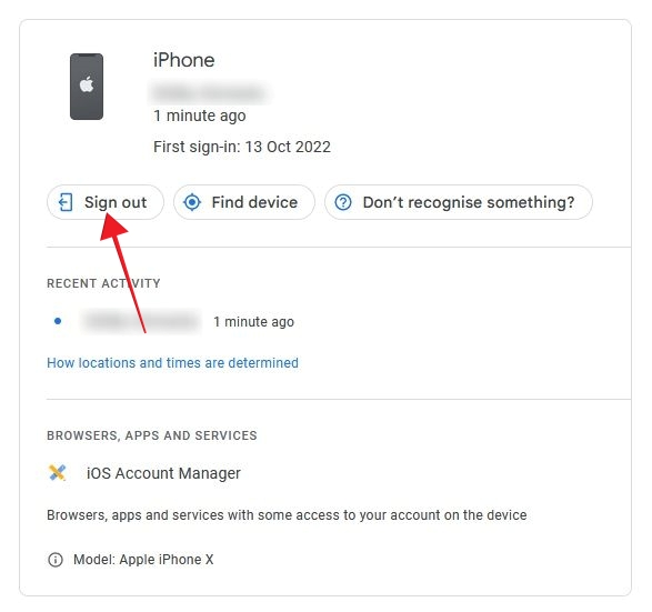 Pressing "Sign out" button under device on Google Account page.