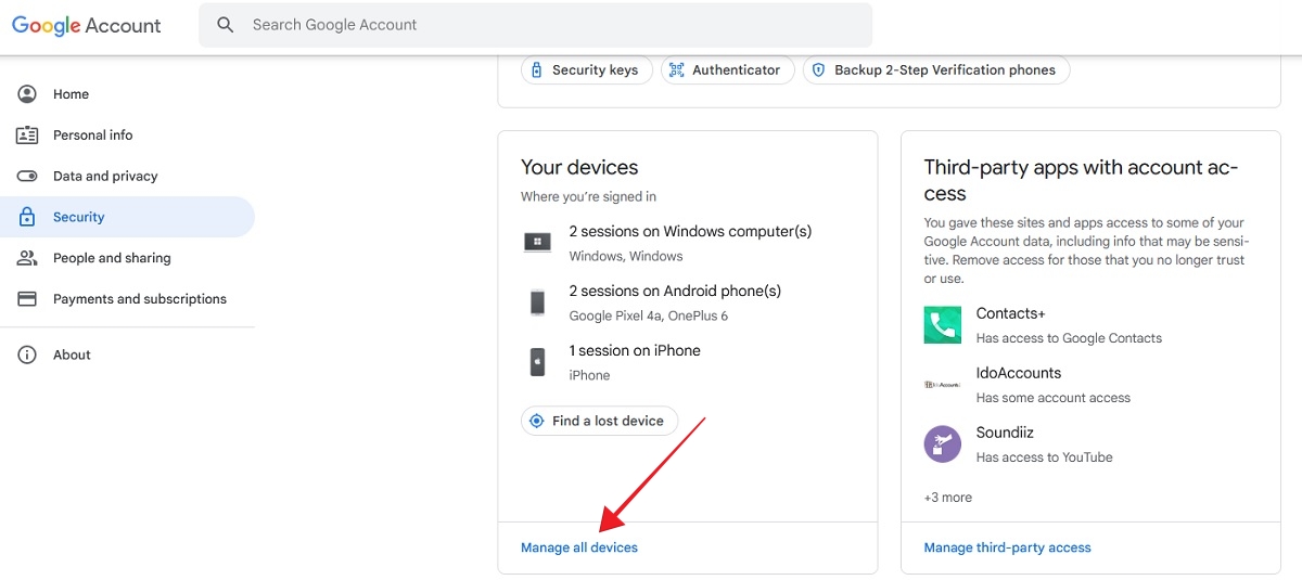 Clicking on "Manage all devices" button under "Your devices" on Google Account page.