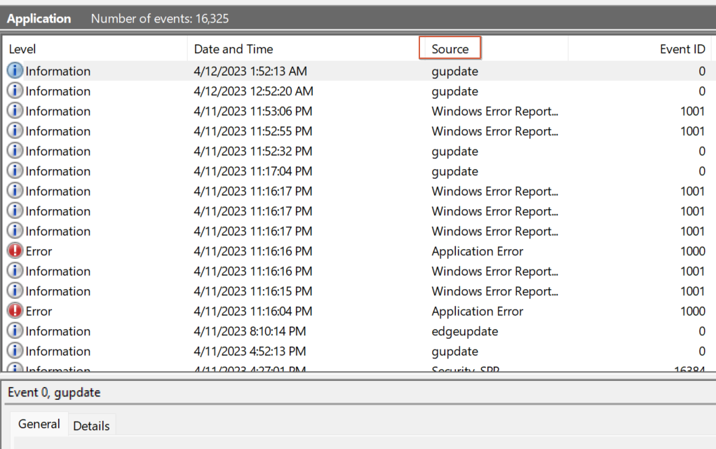 Showing the source of Application events in Event Viewer. 