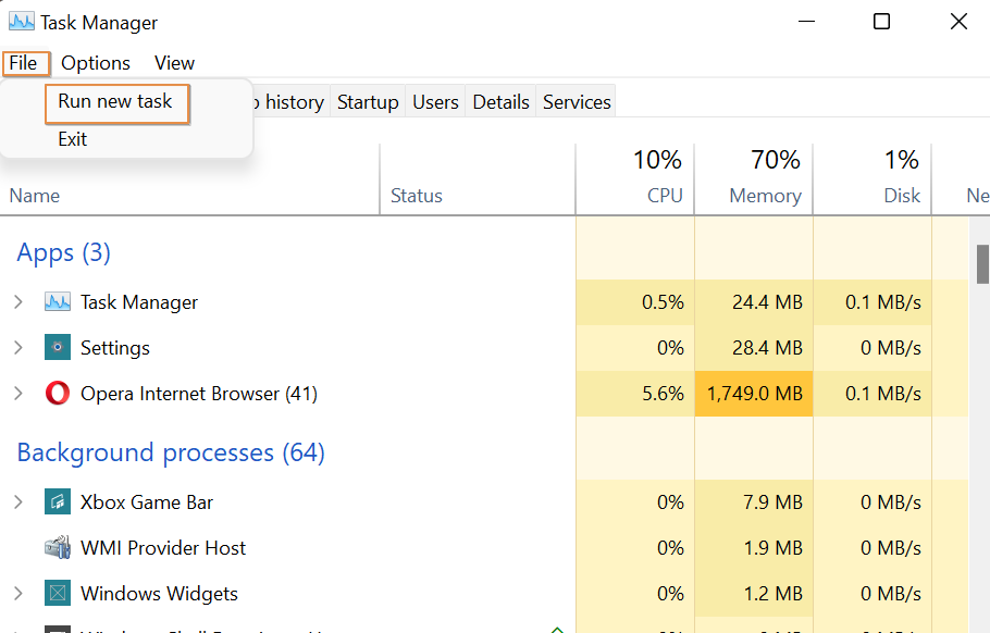 Selecting "Run new task" in Task Manager. 