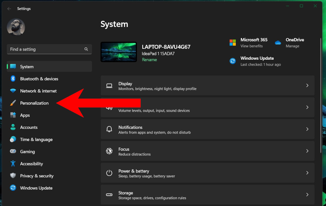 Clicking on "Personalization" option in Settings.