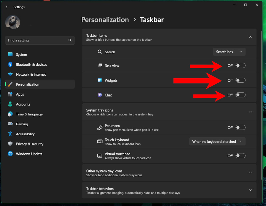 Disabling taskbar features in "Personalization" menu.