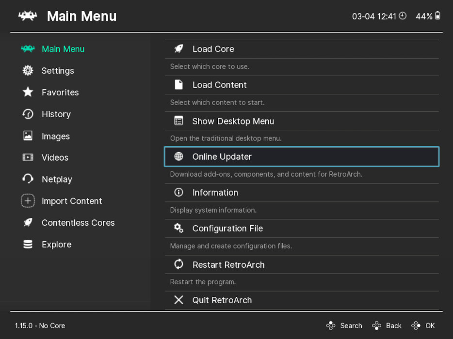 Kodi With Iagl Install Retroarch The default Retroarch landing screen.