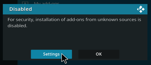 Kodi With Iagl Unknown Sources A picture showing the disabled prompt for zip file addons.