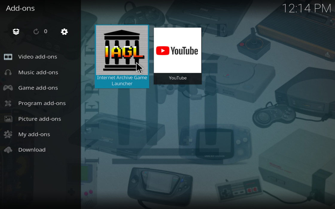 Kodi With Iagl Actual Iagl Setup A picture of Kodi's addon menu.