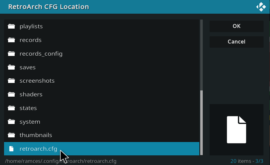 A picture showing the location of the retroarch.cfg file.