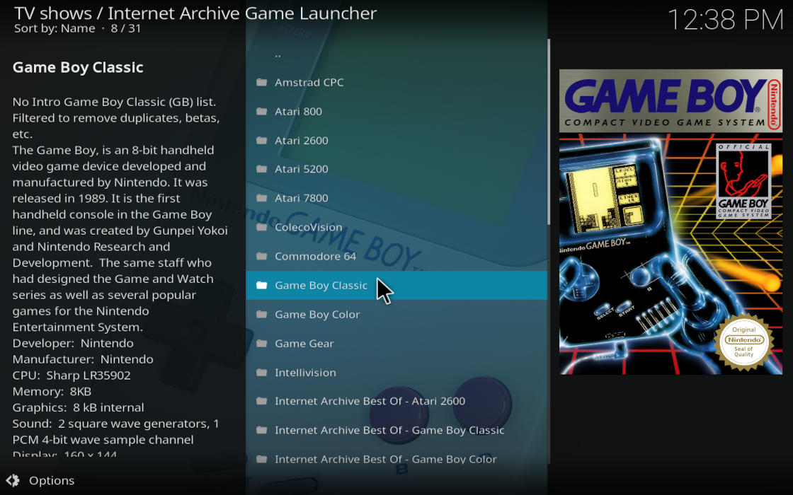 Kodi With Iagl Organized Lists A picture showing IAGL's console list.