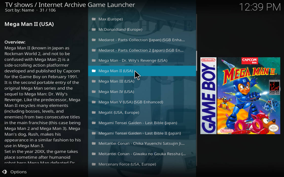 Kodi With Iagl Game Selection A picture showing IAGL's game list.