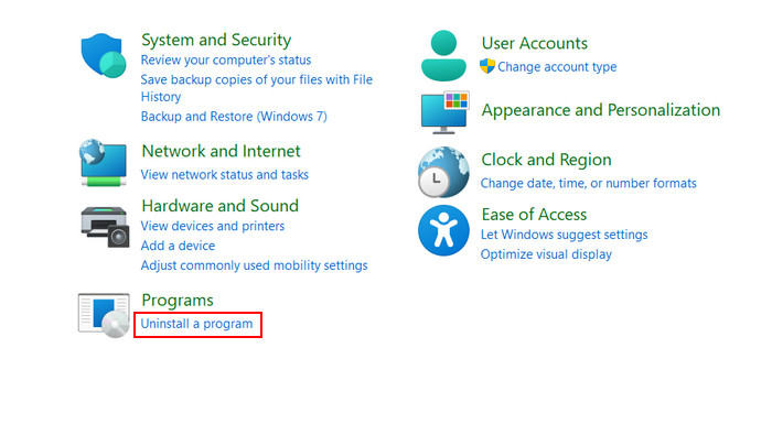 Select "Uninstall a program" option from Programs in Control Panel.