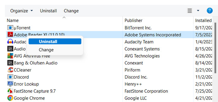 Uninstalling an app via Control Panel. 