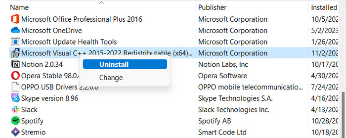 Uninstalling Microsoft Visual C++ from Control Panel. 